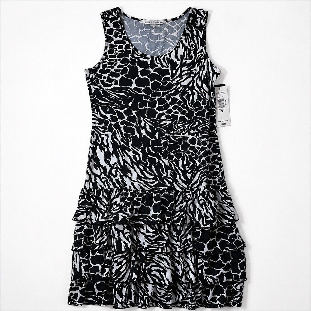 Peter Nygard Animal Print Tiered Ruffle Dress Womens Small NWT Black White